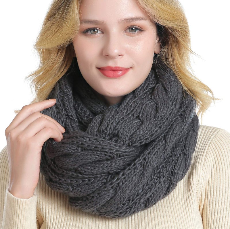 QUEENFUR Winter Women Thick Cable Knit Ribbed Infinity Circle Loop Scarf Matches with Beanies (Dark Grey) - Image 1
